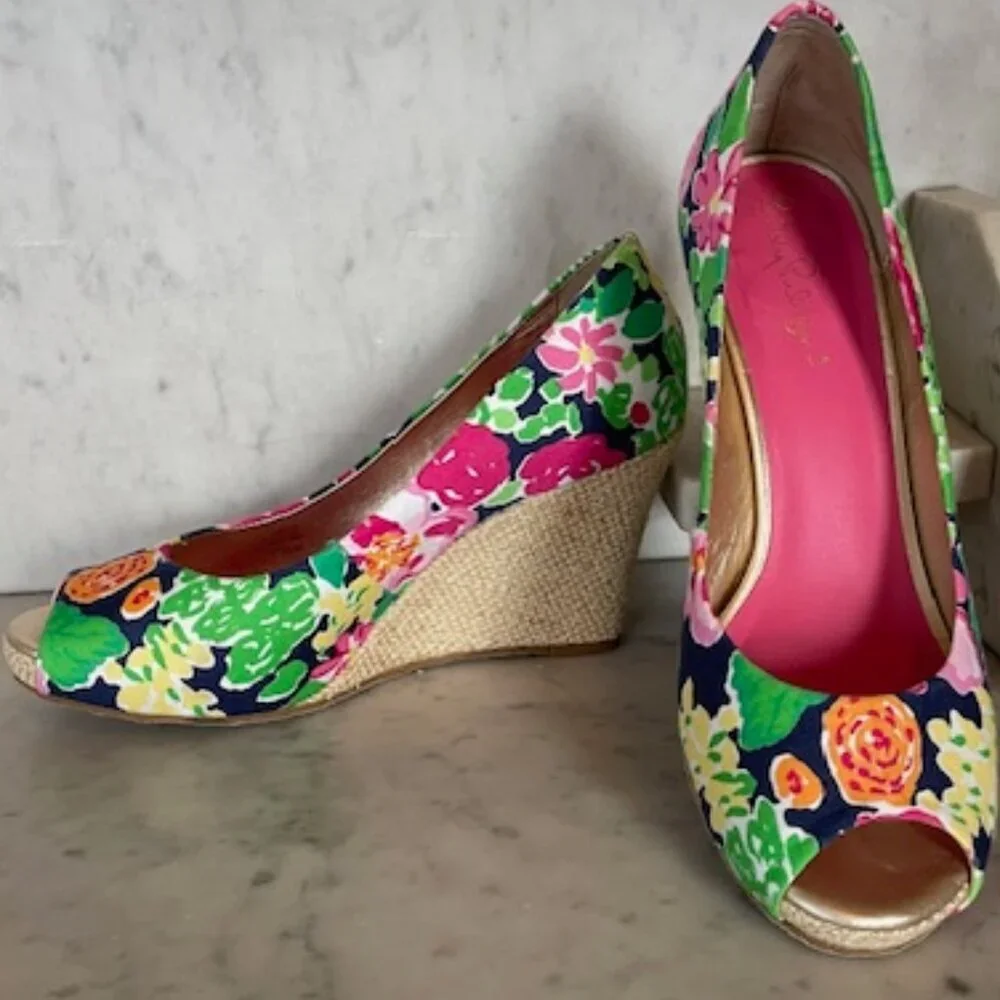 LILLY PULITZER Resort Chic Wedge Mini Getaway Garden Peep Toe Espadrille…